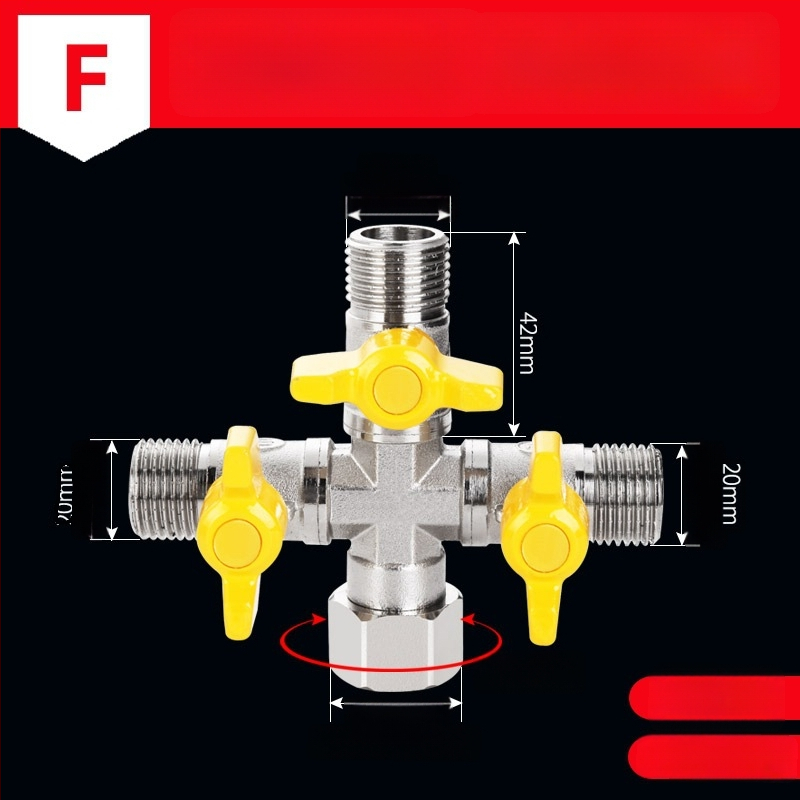 Mosazný rozdělovač vody na kohútik, 1 vstup 3 výstupy, závitové pripojenie, 0–90°C