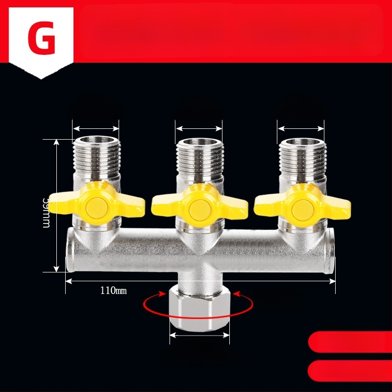 Mosazný rozdělovač vody na kohútik, 1 vstup 3 výstupy, závitové pripojenie, 0–90°C