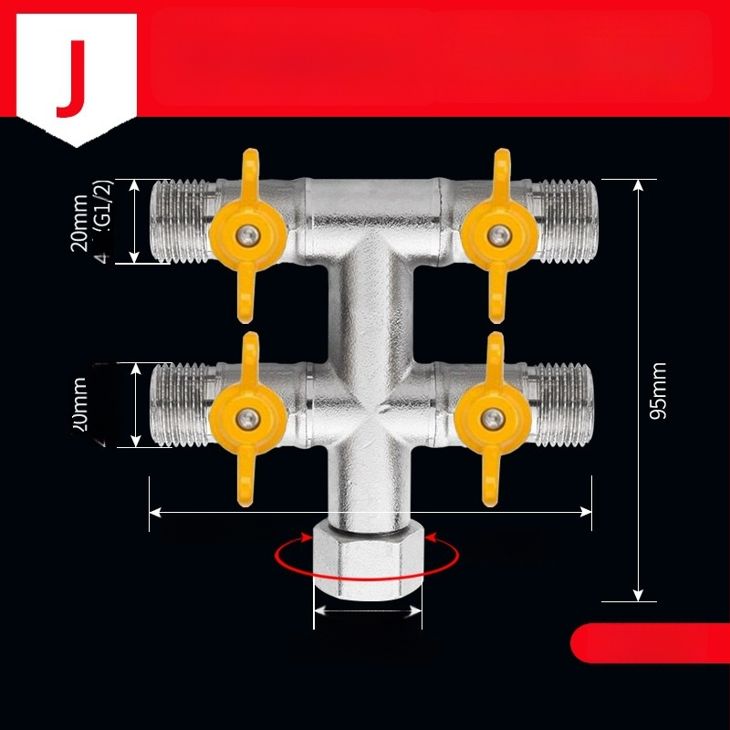 Mosazný rozdělovač vody na kohútik, 1 vstup 3 výstupy, závitové pripojenie, 0–90°C