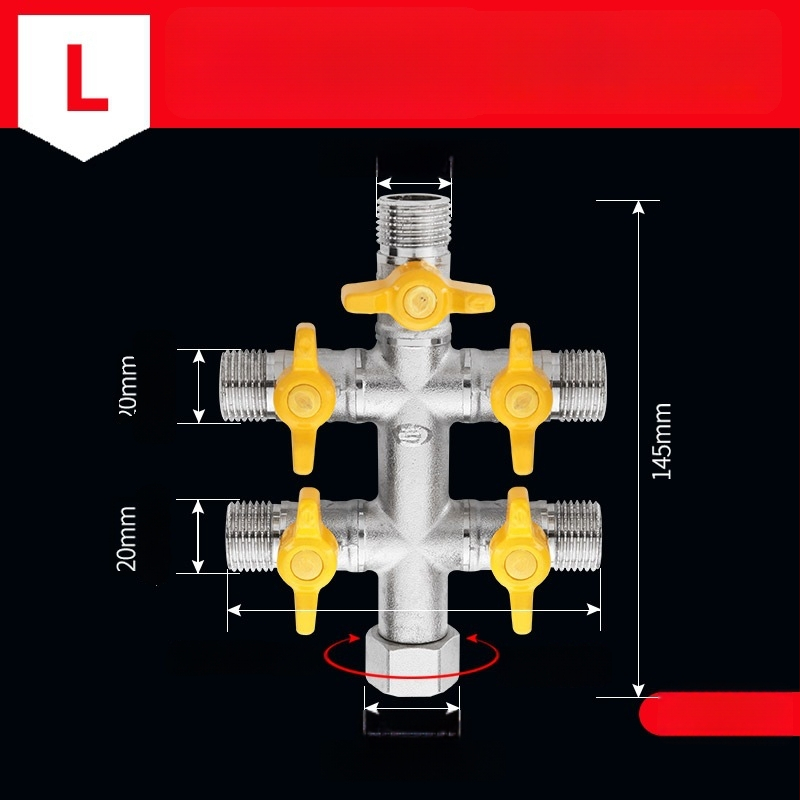 Mosazný rozdělovač vody na kohútik, 1 vstup 3 výstupy, závitové pripojenie, 0–90°C