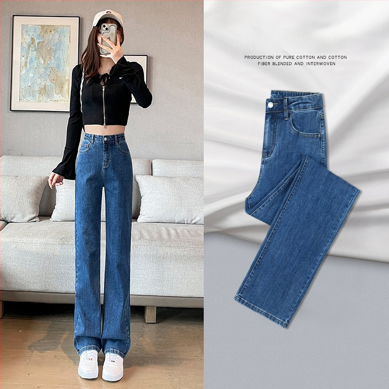 Jeansi din denim cu căptușeală fleece, talie înaltă, croială dreaptă, material gros, elasticitate mare