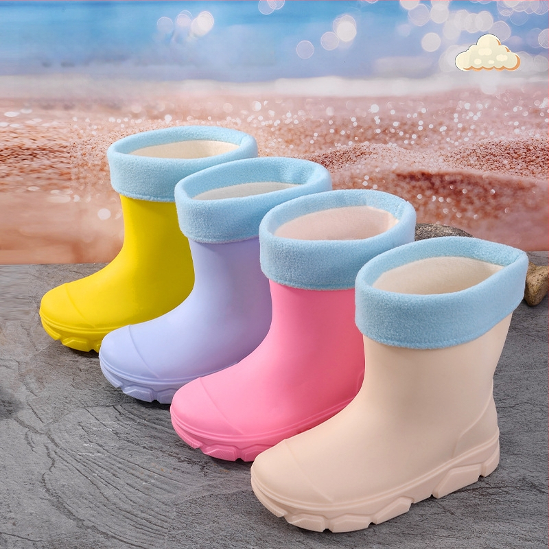 Cizme de ploaie din PVC pentru copii, unisex, înălțime joasă, talpă plată, căptușite cu fleece, patru sezoane, 4–16 ani