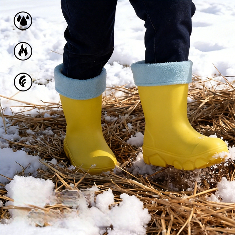 Cizme de ploaie din PVC pentru copii, unisex, înălțime joasă, talpă plată, căptușite cu fleece, patru sezoane, 4–16 ani