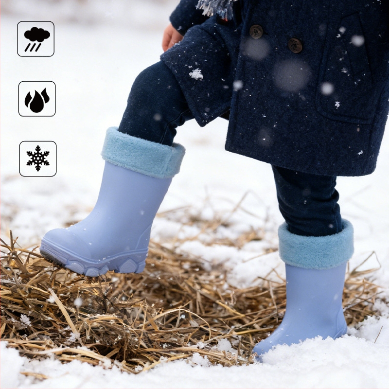 Cizme de ploaie din PVC pentru copii, unisex, înălțime joasă, talpă plată, căptușite cu fleece, patru sezoane, 4–16 ani