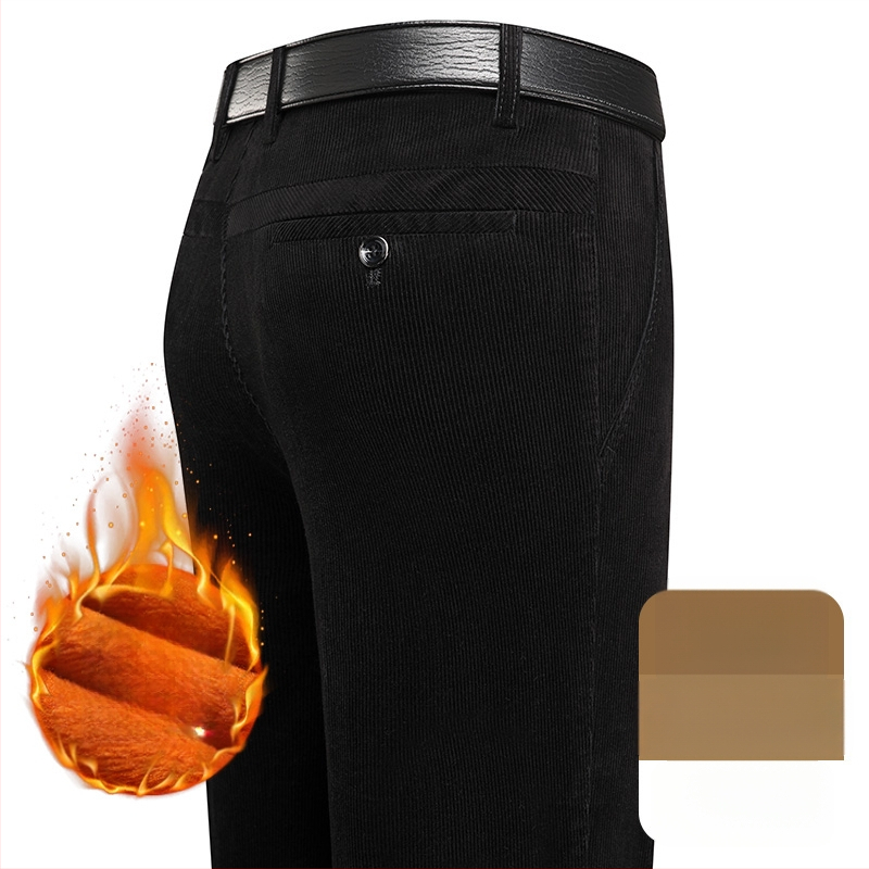 Ανδρικά παντελόνια corduroy, tapered γραμμή, με επένδυση φλίς, παχιά υφή, υψηλή μέση (για μεσήλικες άνδρες)