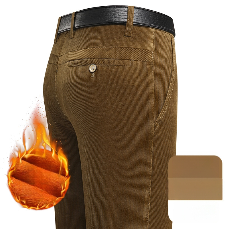 Ανδρικά παντελόνια corduroy, tapered γραμμή, με επένδυση φλίς, παχιά υφή, υψηλή μέση (για μεσήλικες άνδρες)