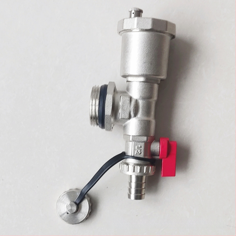 Rozdelovač podlahového vykurovania, meďné telo, závitové pripojenie, automatický odvzduňovací ventil, elektroplátovaný povrch, prevádzková teplota 1-100°C