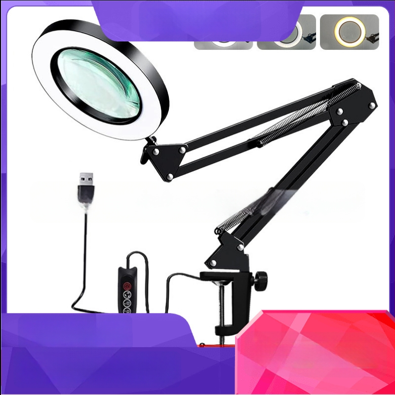Λαμπά LED γραφείου με μακρύ βραχίονα και πτυσσόμενο μεγεθυντικό φακό – φως ανάγνωσης φιλικό στα μάτια, USB τροφοδοσία 12W, μεταλλική σκιά, CE πιστοποιητικό
