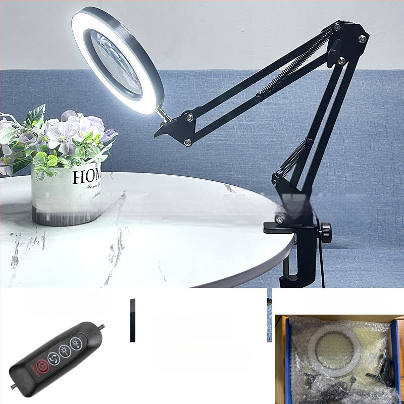 Λαμπά LED γραφείου με μακρύ βραχίονα και πτυσσόμενο μεγεθυντικό φακό – φως ανάγνωσης φιλικό στα μάτια, USB τροφοδοσία 12W, μεταλλική σκιά, CE πιστοποιητικό