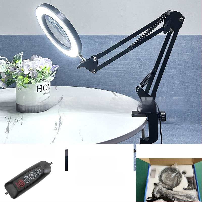 Λαμπά LED γραφείου με μακρύ βραχίονα και πτυσσόμενο μεγεθυντικό φακό – φως ανάγνωσης φιλικό στα μάτια, USB τροφοδοσία 12W, μεταλλική σκιά, CE πιστοποιητικό