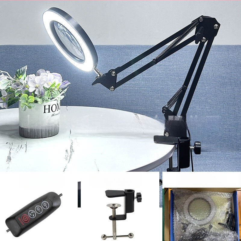 Λαμπά LED γραφείου με μακρύ βραχίονα και πτυσσόμενο μεγεθυντικό φακό – φως ανάγνωσης φιλικό στα μάτια, USB τροφοδοσία 12W, μεταλλική σκιά, CE πιστοποιητικό