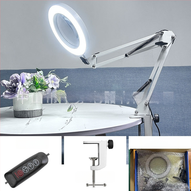 Λαμπά LED γραφείου με μακρύ βραχίονα και πτυσσόμενο μεγεθυντικό φακό – φως ανάγνωσης φιλικό στα μάτια, USB τροφοδοσία 12W, μεταλλική σκιά, CE πιστοποιητικό
