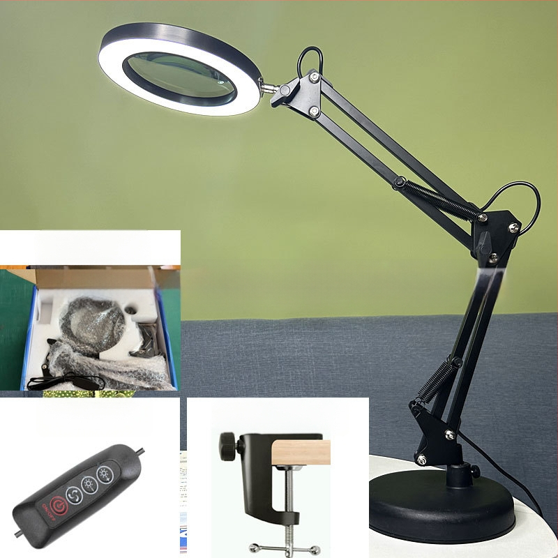 Λαμπά LED γραφείου με μακρύ βραχίονα και πτυσσόμενο μεγεθυντικό φακό – φως ανάγνωσης φιλικό στα μάτια, USB τροφοδοσία 12W, μεταλλική σκιά, CE πιστοποιητικό