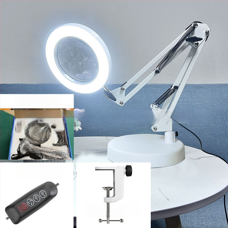 Λαμπά LED γραφείου με μακρύ βραχίονα και πτυσσόμενο μεγεθυντικό φακό – φως ανάγνωσης φιλικό στα μάτια, USB τροφοδοσία 12W, μεταλλική σκιά, CE πιστοποιητικό