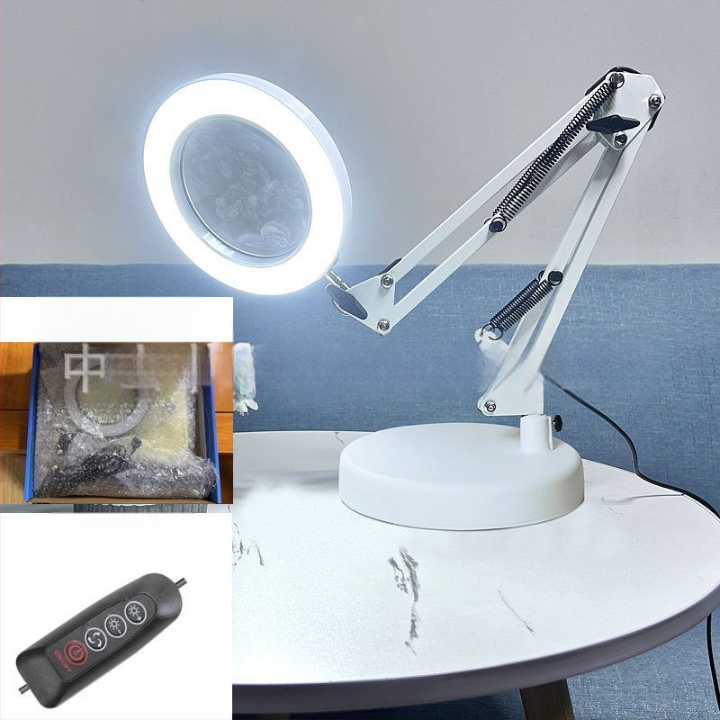 Λαμπά LED γραφείου με μακρύ βραχίονα και πτυσσόμενο μεγεθυντικό φακό – φως ανάγνωσης φιλικό στα μάτια, USB τροφοδοσία 12W, μεταλλική σκιά, CE πιστοποιητικό