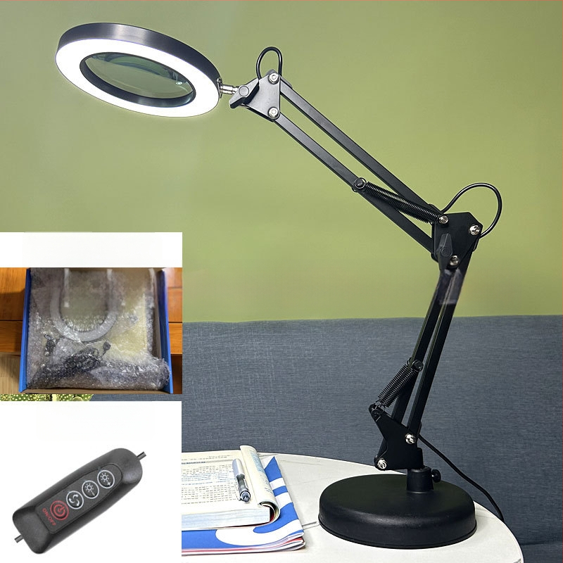 Λαμπά LED γραφείου με μακρύ βραχίονα και πτυσσόμενο μεγεθυντικό φακό – φως ανάγνωσης φιλικό στα μάτια, USB τροφοδοσία 12W, μεταλλική σκιά, CE πιστοποιητικό