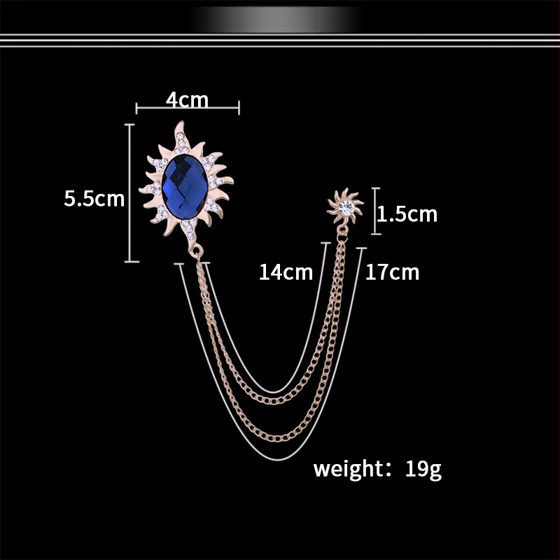 Мъжка брошка със слънчев мотив, дълга верига с ресничка и голям камък, сплав, електроплатина, SHUTOO