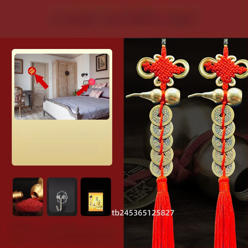 Ornament de pat din alamă, în stil chinezesc, cu motiv dovleac și pandantiv cu monedele celor Cinci Împărați