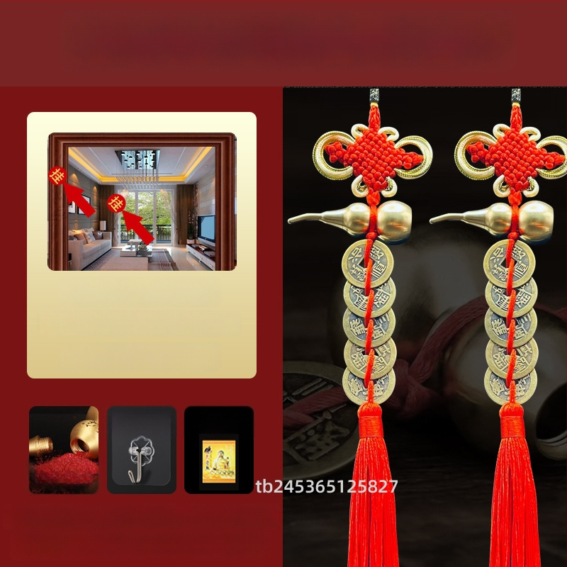 Ornament de pat din alamă, în stil chinezesc, cu motiv dovleac și pandantiv cu monedele celor Cinci Împărați