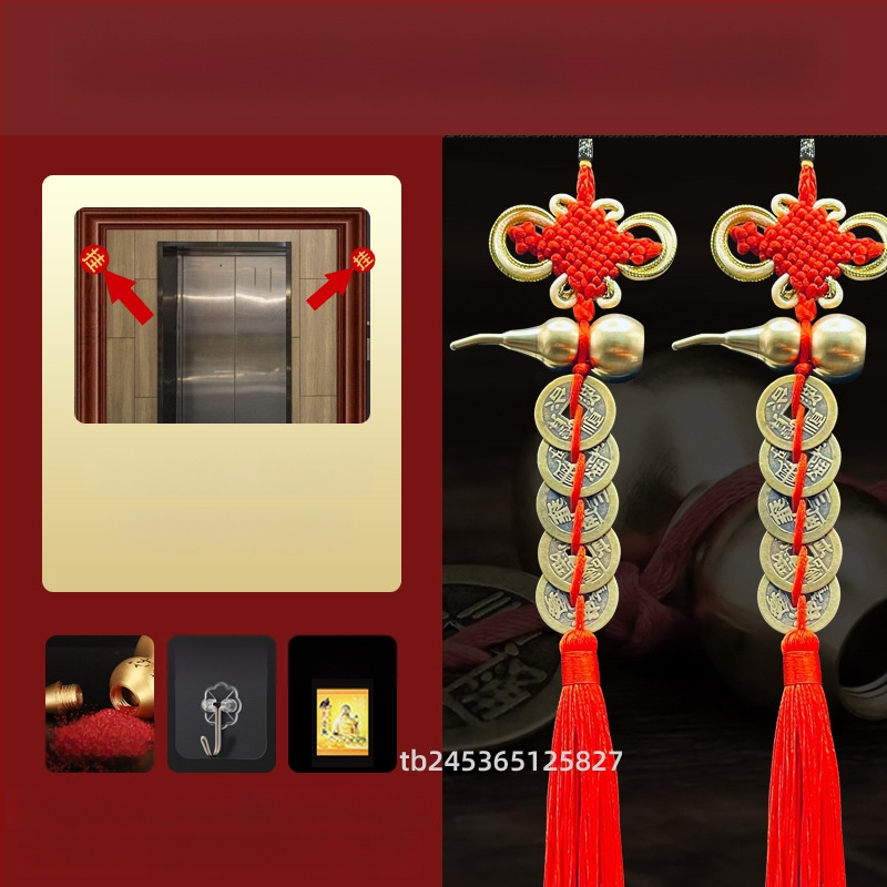 Ornament de pat din alamă, în stil chinezesc, cu motiv dovleac și pandantiv cu monedele celor Cinci Împărați