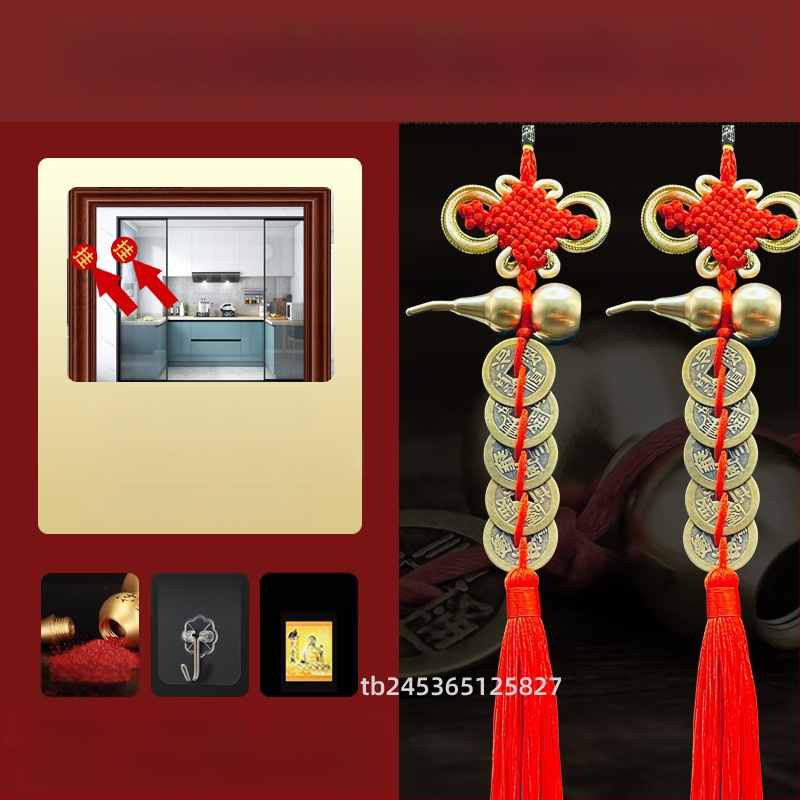 Ornament de pat din alamă, în stil chinezesc, cu motiv dovleac și pandantiv cu monedele celor Cinci Împărați