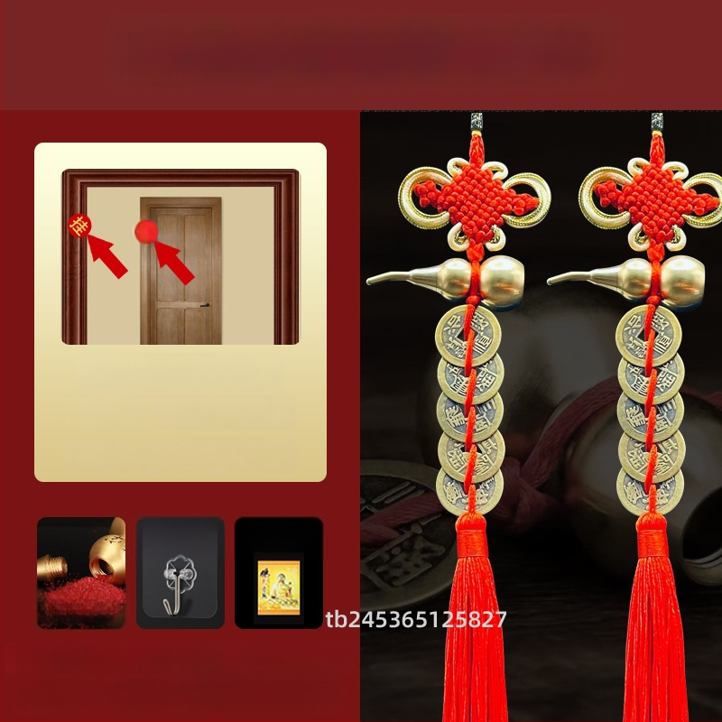 Ornament de pat din alamă, în stil chinezesc, cu motiv dovleac și pandantiv cu monedele celor Cinci Împărați