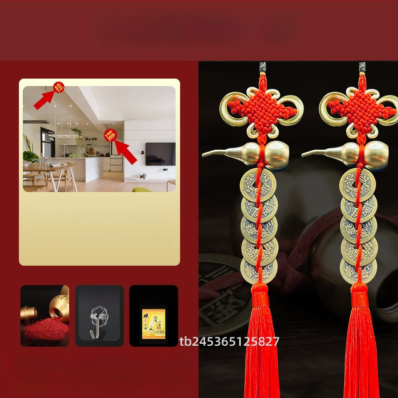 Ornament de pat din alamă, în stil chinezesc, cu motiv dovleac și pandantiv cu monedele celor Cinci Împărați