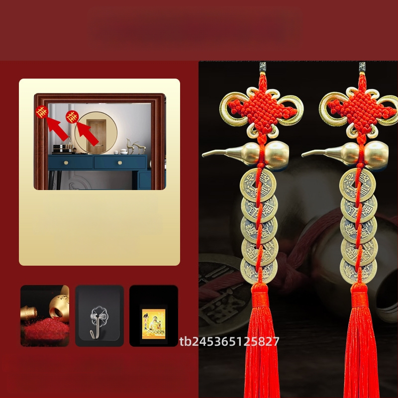 Ornament de pat din alamă, în stil chinezesc, cu motiv dovleac și pandantiv cu monedele celor Cinci Împărați