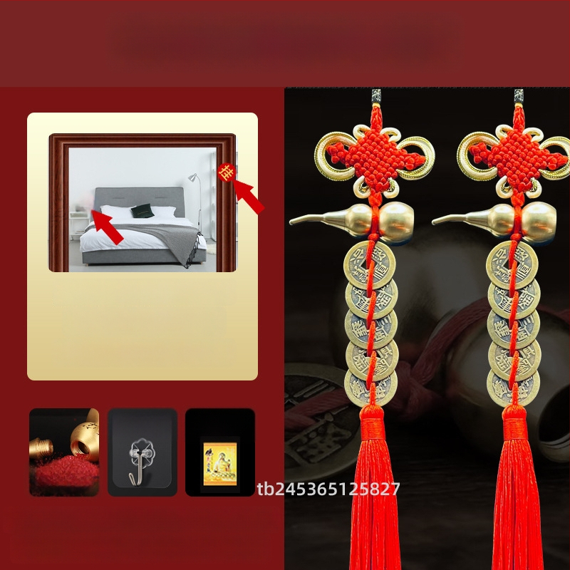 Ornament de pat din alamă, în stil chinezesc, cu motiv dovleac și pandantiv cu monedele celor Cinci Împărați