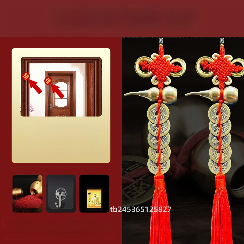 Ornament de pat din alamă, în stil chinezesc, cu motiv dovleac și pandantiv cu monedele celor Cinci Împărați