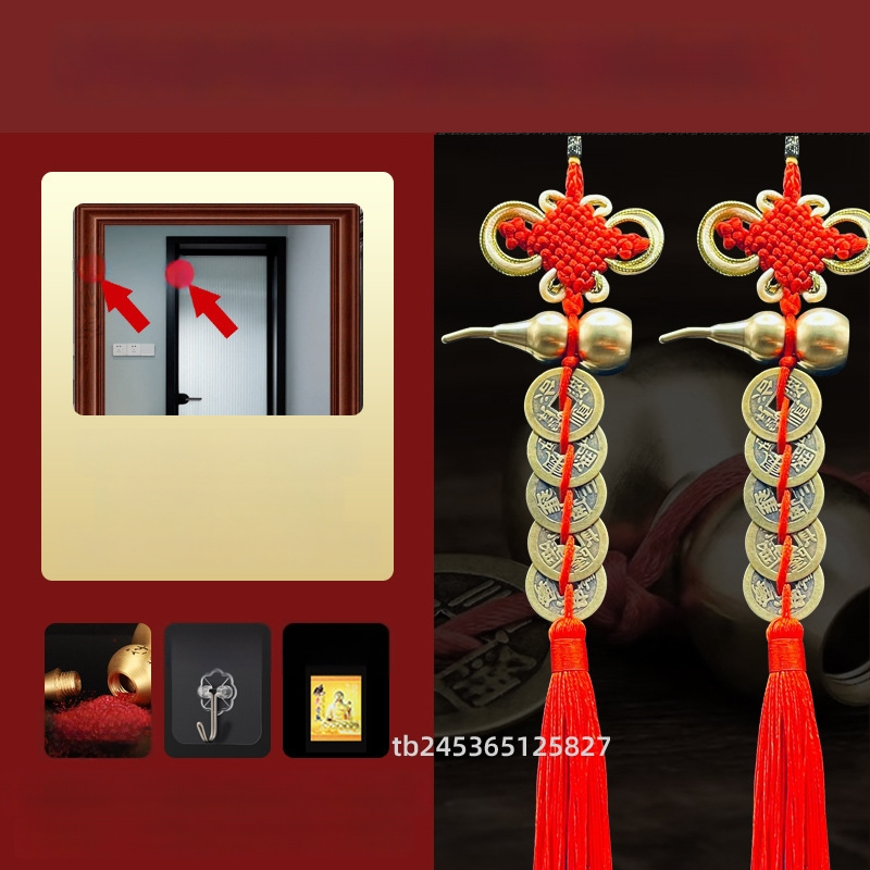 Ornament de pat din alamă, în stil chinezesc, cu motiv dovleac și pandantiv cu monedele celor Cinci Împărați