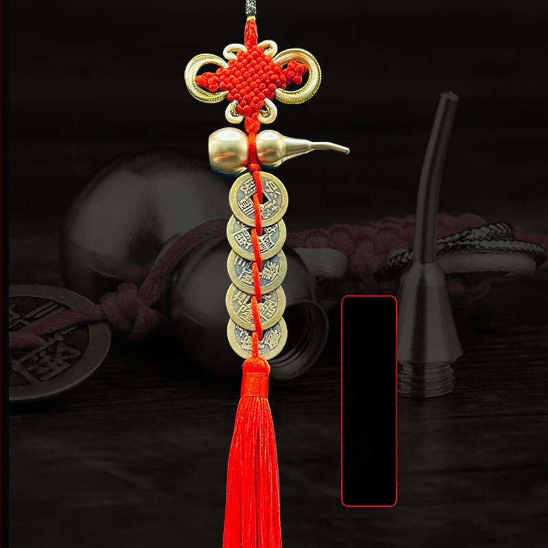 Ornament de pat din alamă, în stil chinezesc, cu motiv dovleac și pandantiv cu monedele celor Cinci Împărați