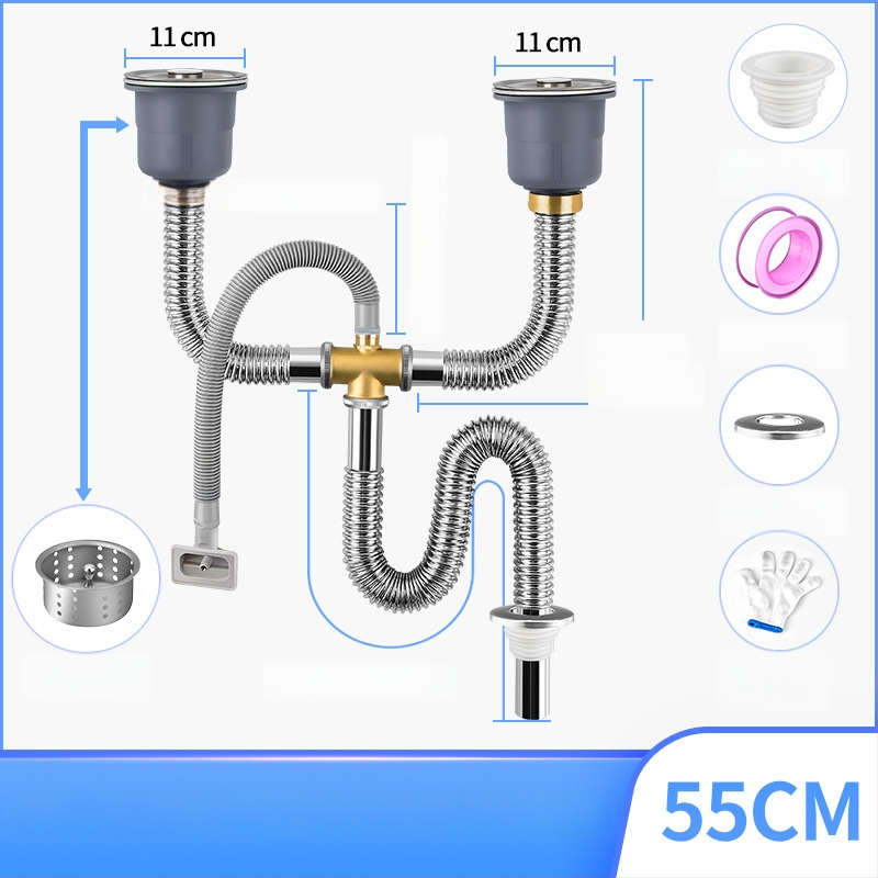 Súprava odtokov pre kuchynský drez z nehrdzavejúcej ocele, ťahový typ, moderný minimalistický štýl, model: Kitchen Sink Steel Head