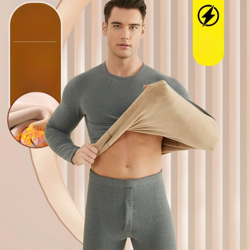 Set de lenjerie termică pentru bărbați, cu fleece din lână de miel, țesătură foarte groasă (501-600 g/m²), 90-95% acrilic, mâneci lungi, guler cu o singură linie