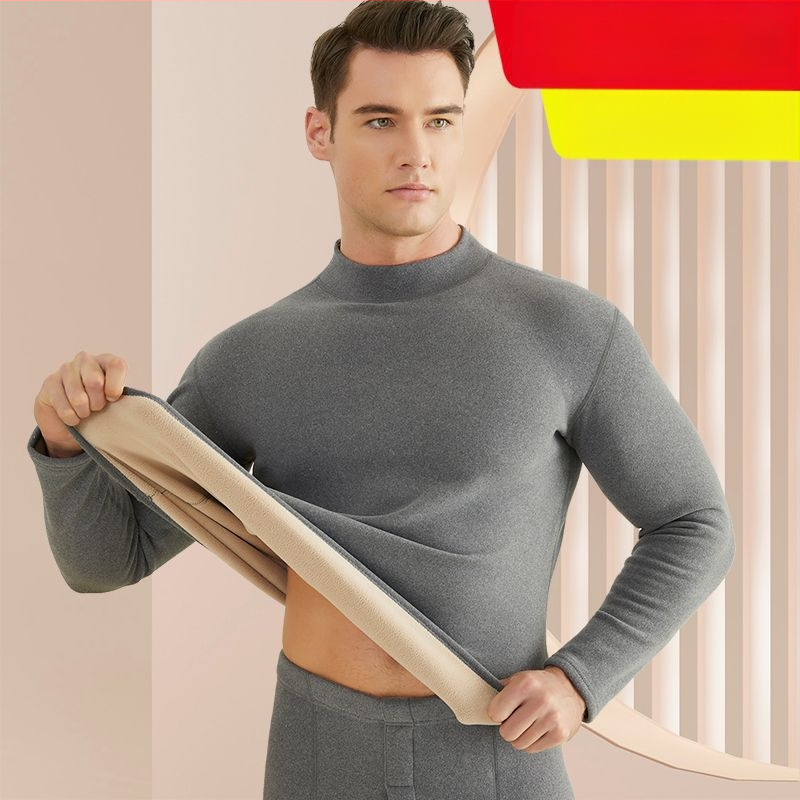 Set de lenjerie termică pentru bărbați, cu fleece din lână de miel, țesătură foarte groasă (501-600 g/m²), 90-95% acrilic, mâneci lungi, guler cu o singură linie