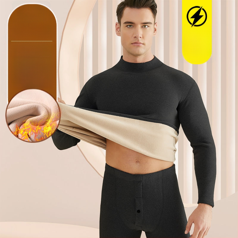 Set de lenjerie termică pentru bărbați, cu fleece din lână de miel, țesătură foarte groasă (501-600 g/m²), 90-95% acrilic, mâneci lungi, guler cu o singură linie