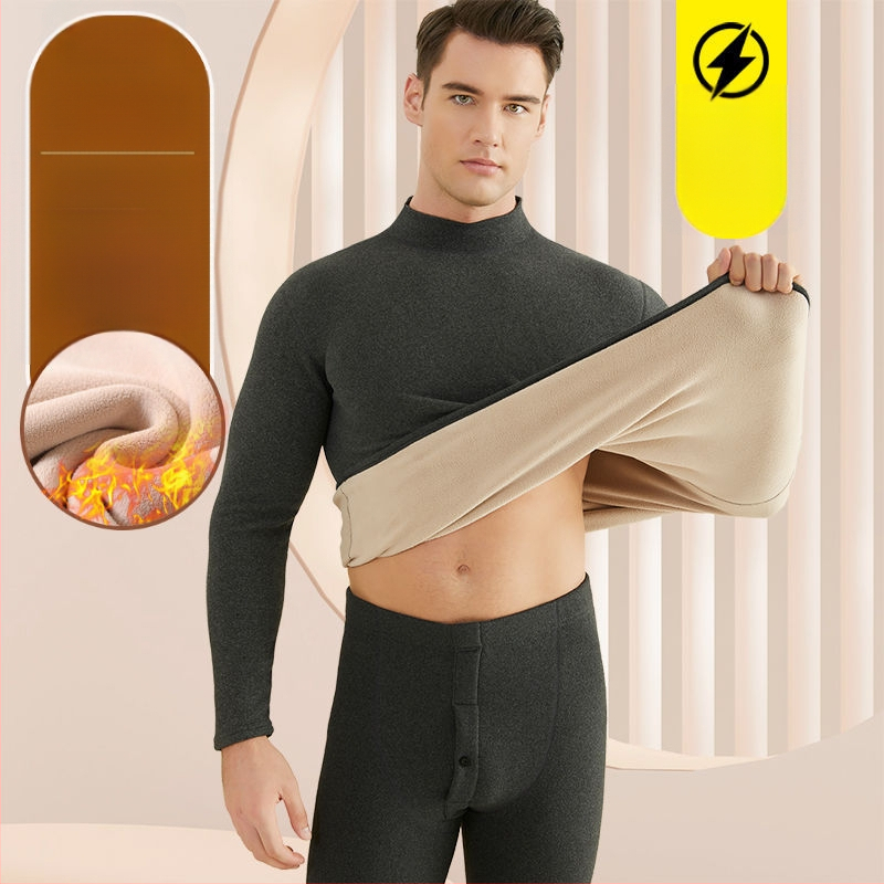 Set de lenjerie termică pentru bărbați, cu fleece din lână de miel, țesătură foarte groasă (501-600 g/m²), 90-95% acrilic, mâneci lungi, guler cu o singură linie