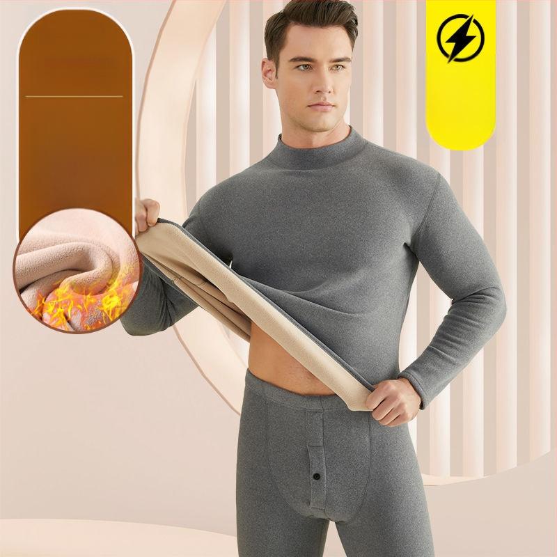 Set de lenjerie termică pentru bărbați, cu fleece din lână de miel, țesătură foarte groasă (501-600 g/m²), 90-95% acrilic, mâneci lungi, guler cu o singură linie