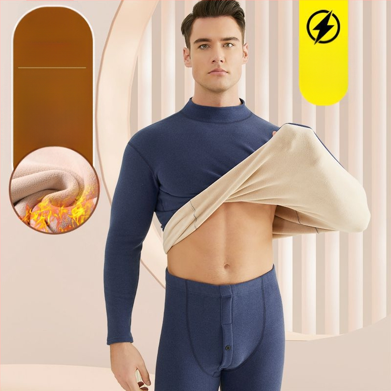 Set de lenjerie termică pentru bărbați, cu fleece din lână de miel, țesătură foarte groasă (501-600 g/m²), 90-95% acrilic, mâneci lungi, guler cu o singură linie