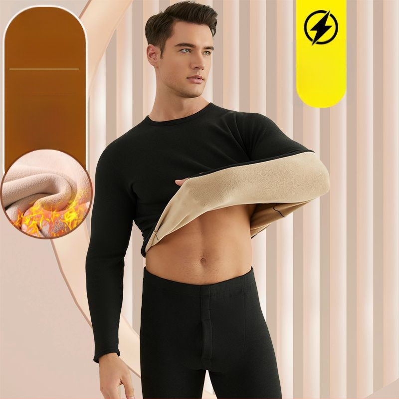 Set de lenjerie termică pentru bărbați, cu fleece din lână de miel, țesătură foarte groasă (501-600 g/m²), 90-95% acrilic, mâneci lungi, guler cu o singură linie