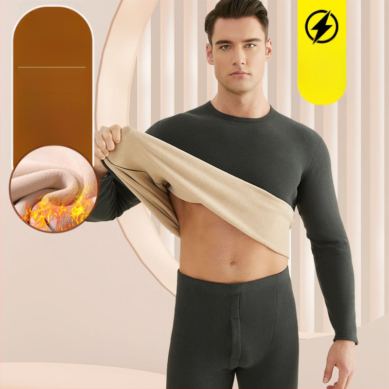 Set de lenjerie termică pentru bărbați, cu fleece din lână de miel, țesătură foarte groasă (501-600 g/m²), 90-95% acrilic, mâneci lungi, guler cu o singură linie