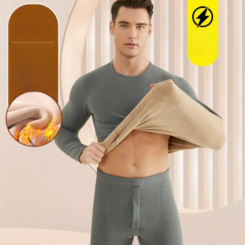 Set de lenjerie termică pentru bărbați, cu fleece din lână de miel, țesătură foarte groasă (501-600 g/m²), 90-95% acrilic, mâneci lungi, guler cu o singură linie