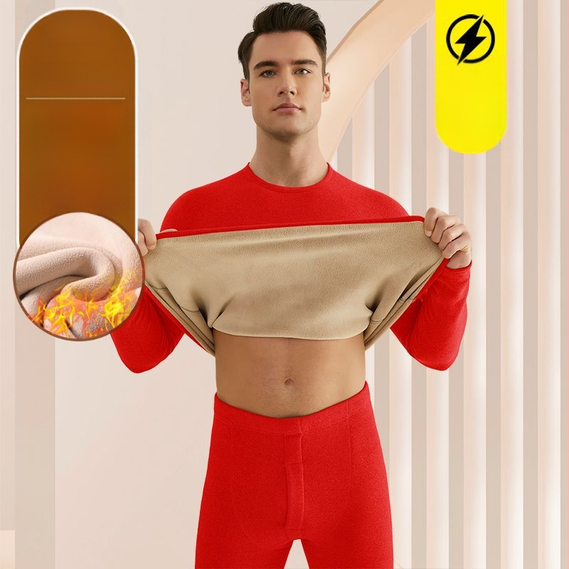 Set de lenjerie termică pentru bărbați, cu fleece din lână de miel, țesătură foarte groasă (501-600 g/m²), 90-95% acrilic, mâneci lungi, guler cu o singură linie