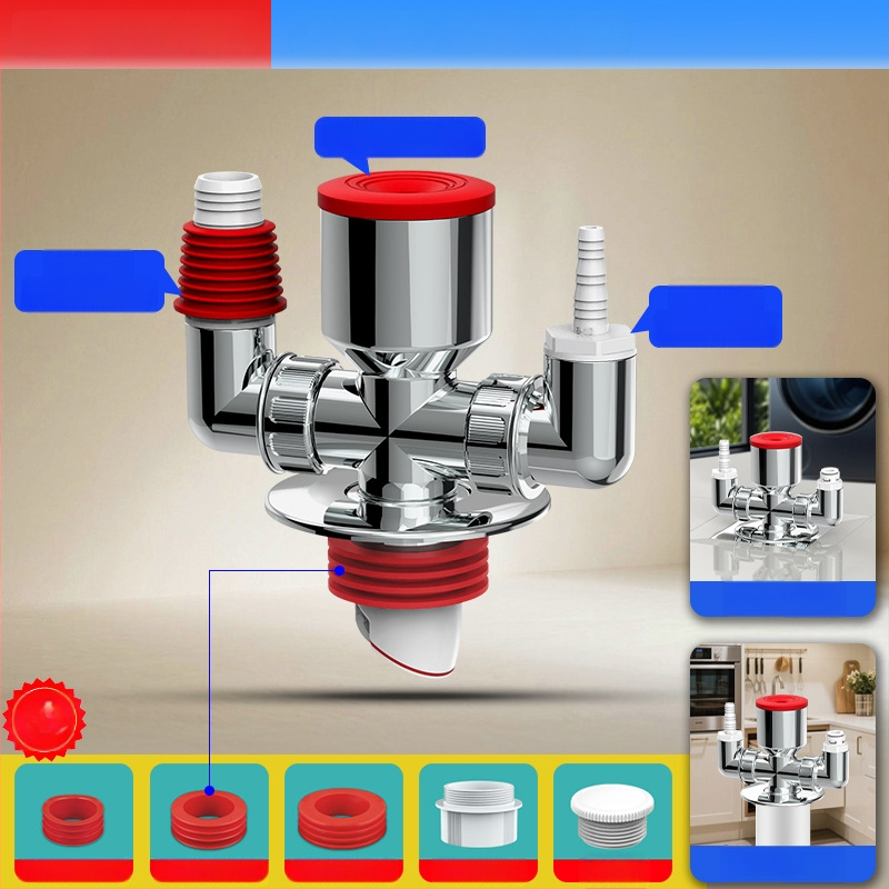 ABS materiál práčka odtok trojramenný rozdeľovač, 20 mm odbočovací priemer, 60 mm výška vodného tesnenia, teplotný rozsah -20 až 90, montáž ručným tlakom