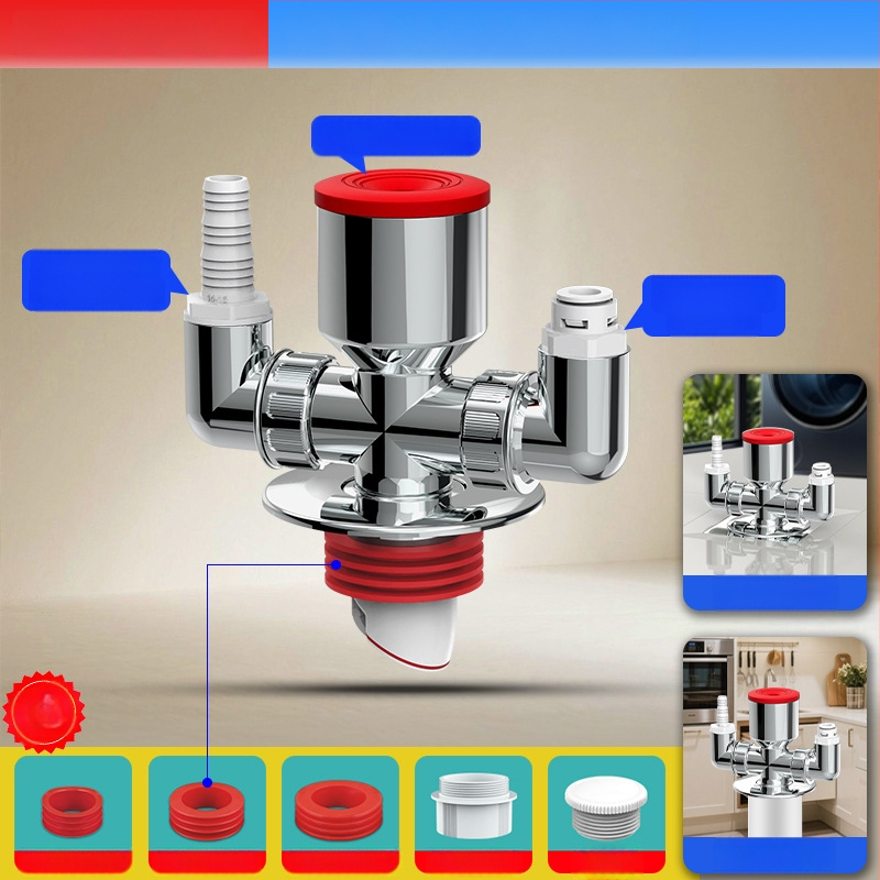 ABS materiál práčka odtok trojramenný rozdeľovač, 20 mm odbočovací priemer, 60 mm výška vodného tesnenia, teplotný rozsah -20 až 90, montáž ručným tlakom