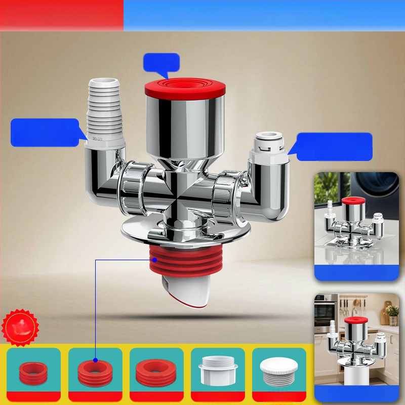 ABS materiál práčka odtok trojramenný rozdeľovač, 20 mm odbočovací priemer, 60 mm výška vodného tesnenia, teplotný rozsah -20 až 90, montáž ručným tlakom