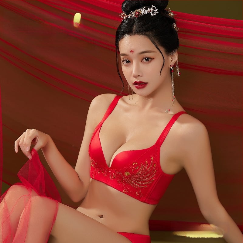 Set de sutiene cu dantelă brodată, cupă 3/4, fără arcuri metalice, cupă modelată cu partea superioară subțire și partea inferioară mai groasă, material principal nylon, căptușeală spandex, închidere la spate cu patru rânduri de cârlige