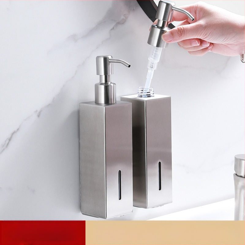 Стенно монтиран квадратен дозатор за течности — 304 неръждаема стомана, ръчно натискане, монтаж без пробиване, лъскава повърхност