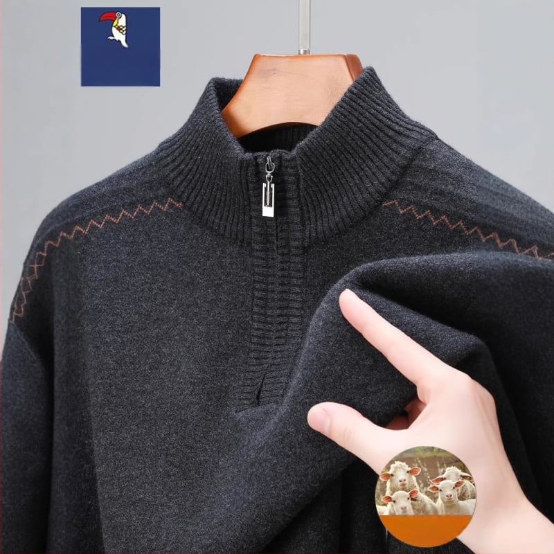 Szabadon szabott gyapjú pulóver féloldalas cipzárral, vastag jacquard kötés, középkorú férfiak számára