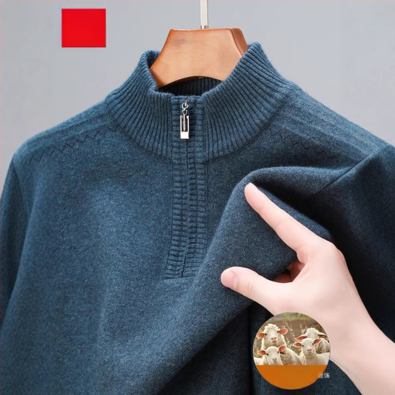 Szabadon szabott gyapjú pulóver féloldalas cipzárral, vastag jacquard kötés, középkorú férfiak számára